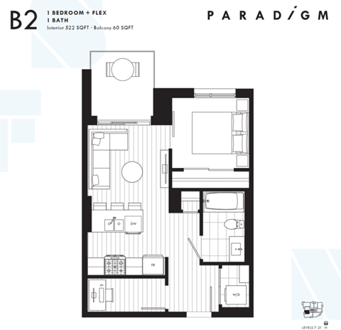 Floor plan for 1 bed, 1 bath, 522 sqft